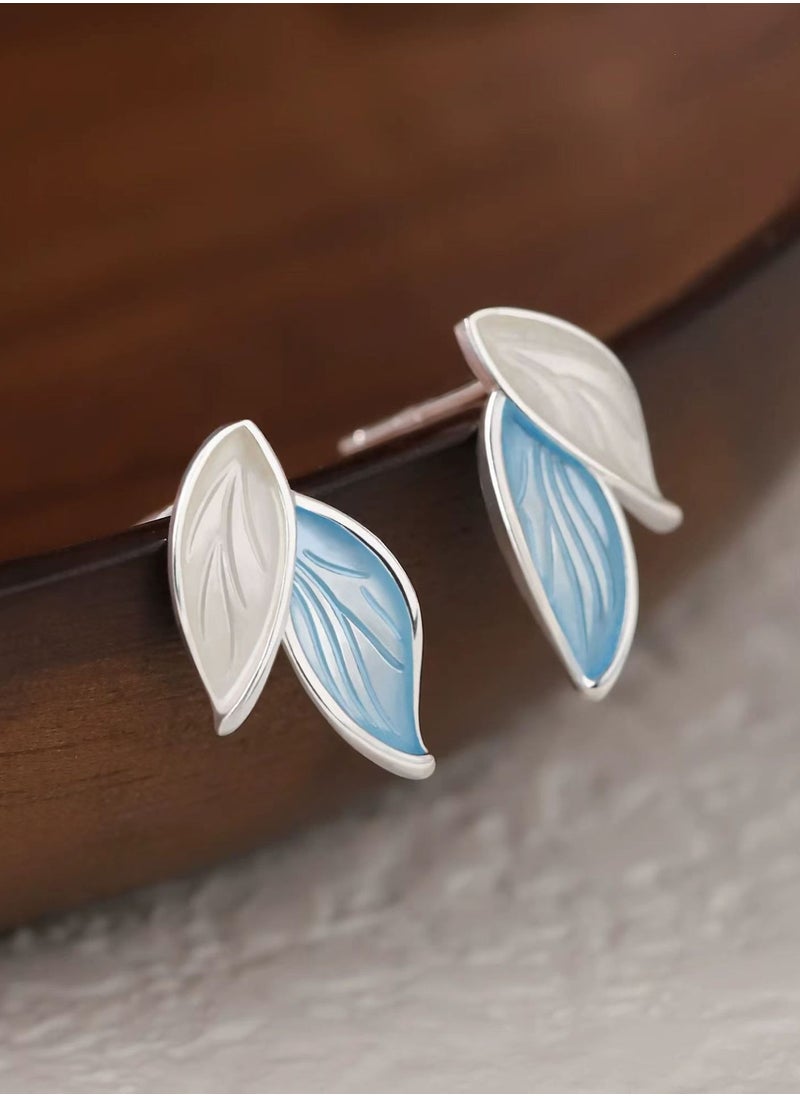 xozgdovg Blue stud earrings with tree leaves are cold ear accessories  - Image 2