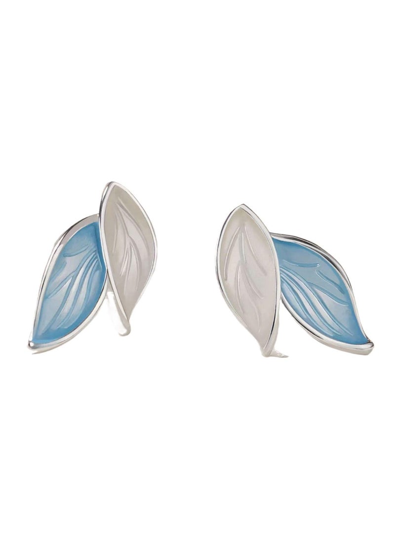 xozgdovg Blue stud earrings with tree leaves are cold ear accessories  - Image 1