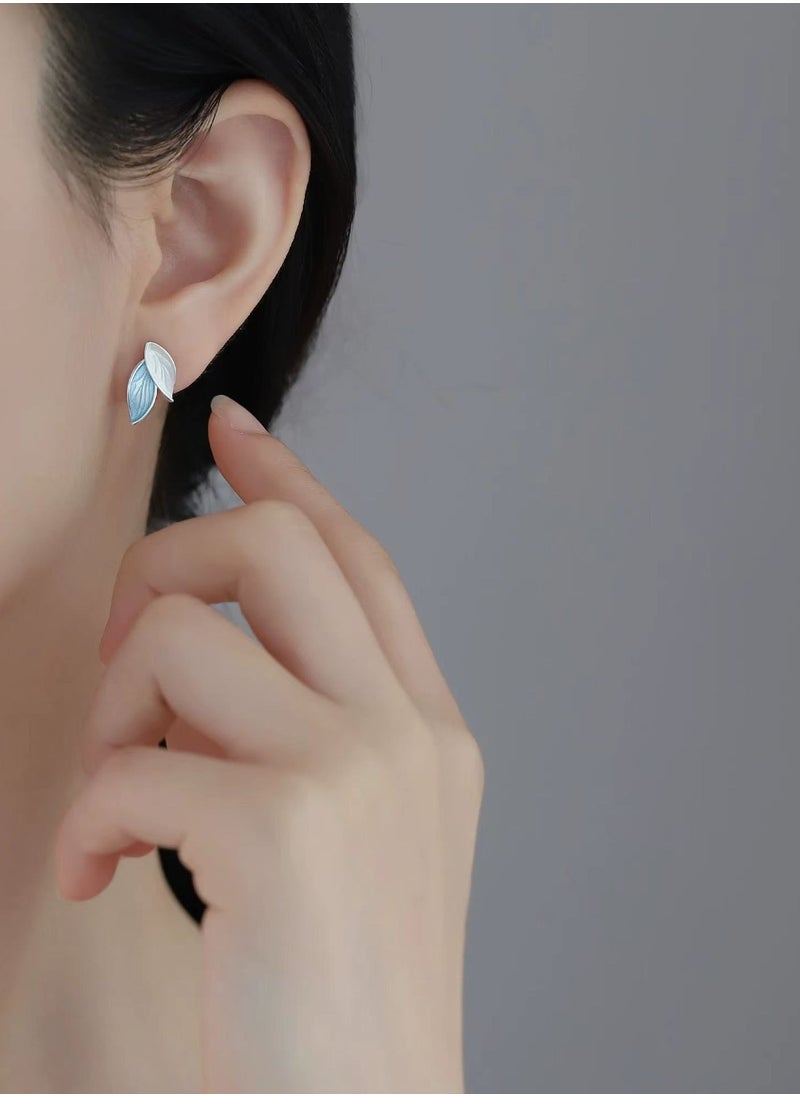 xozgdovg Blue stud earrings with tree leaves are cold ear accessories  - Image 3