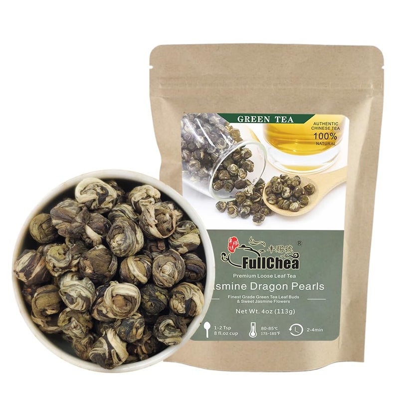 FullChea - Jasmine Pearl Tea - Jasmine Dragon Pearls - Loose Leaf Green Tea - Jasmine Green Tea with Delightful Aroma 4oz / 113g - Image 1