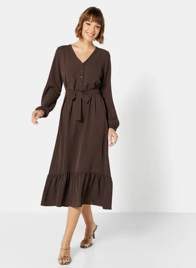 ONLY Belted Ruffle Midi Dress
