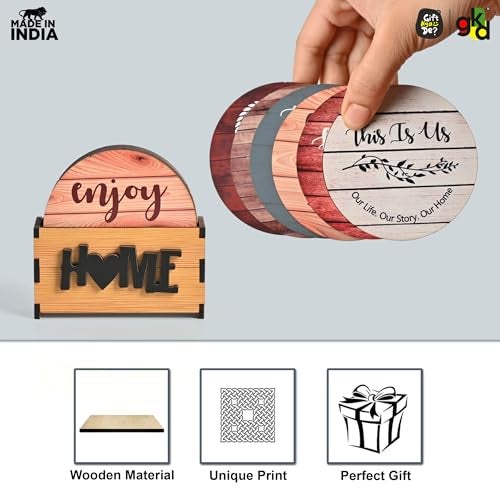 Gift Kya De GKD Coaster Set of 6 Home Quotes Design Wooden Coasters with Proper Coaster Stand Designer Coaster Set fit for Tea Cups, Coffee Mugs and Glasses (Round 3.5 x 3.5 inch) - Image 3