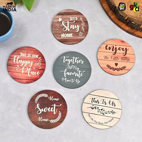 Gift Kya De GKD Coaster Set of 6 Home Quotes Design Wooden Coasters with Proper Coaster Stand Designer Coaster Set fit for Tea Cups, Coffee Mugs and Glasses (Round 3.5 x 3.5 inch) - Image 2
