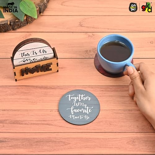 Gift Kya De GKD Coaster Set of 6 Home Quotes Design Wooden Coasters with Proper Coaster Stand Designer Coaster Set fit for Tea Cups, Coffee Mugs and Glasses (Round 3.5 x 3.5 inch) - Image 4