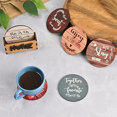 Gift Kya De GKD Coaster Set of 6 Home Quotes Design Wooden Coasters with Proper Coaster Stand Designer Coaster Set fit for Tea Cups, Coffee Mugs and Glasses (Round 3.5 x 3.5 inch) - Image 1