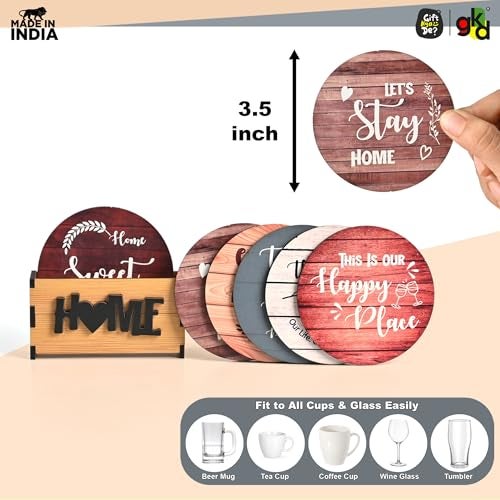 Gift Kya De GKD Coaster Set of 6 Home Quotes Design Wooden Coasters with Proper Coaster Stand Designer Coaster Set fit for Tea Cups, Coffee Mugs and Glasses (Round 3.5 x 3.5 inch) - Image 5