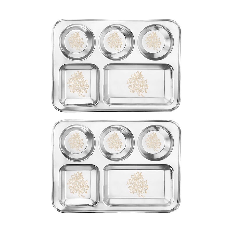 KITCHEN CLUE Heavy Duty Stainless Steel Compartment Plates/Dinner Plates Set With Permanent Laser Design DAISY - Rectangular 5 In 1 Compartment Plates For Kids & Adult (Pack Of 2 Pcs, 35cm Dia) - Image 1