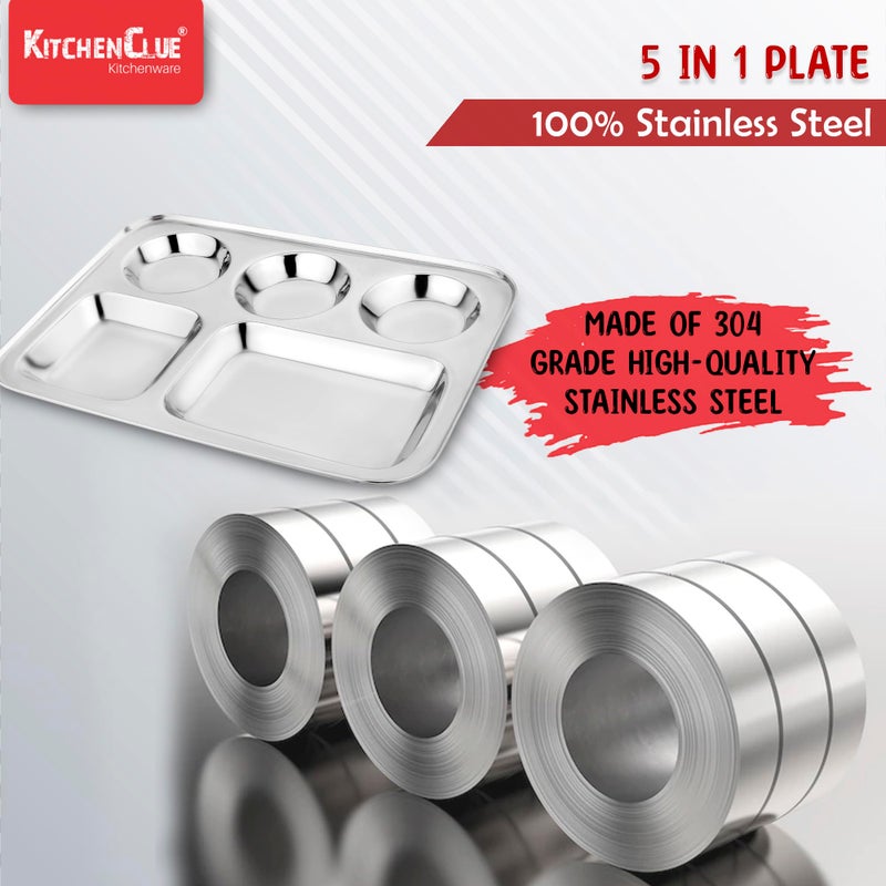 KITCHEN CLUE Heavy Duty Stainless Steel Compartment Plates/Dinner Plates Set With Permanent Laser Design DAISY - Rectangular 5 In 1 Compartment Plates For Kids & Adult (Pack Of 2 Pcs, 35cm Dia) - Image 5