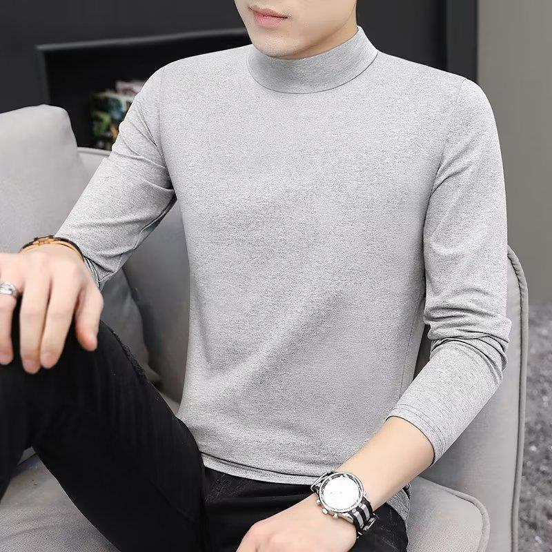 Special Clearance] Mens High Collar Base Shirt Long Sleeve T-shirt Student Solid Color T-shirt Top Mens Youth Base Autumn Clothes LIGHT GREY LONG SLEEVE HALF COLLAR