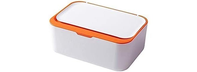 HEBEZON Tissue Box Holder Wipes Dispenser, Dustproof Tissue Storage Box Case Wet Wipes Dispenser Holder with Lid for Home Office Desk (White with Orange) - Image 1