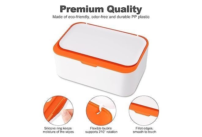 HEBEZON Tissue Box Holder Wipes Dispenser, Dustproof Tissue Storage Box Case Wet Wipes Dispenser Holder with Lid for Home Office Desk (White with Orange) - Image 4