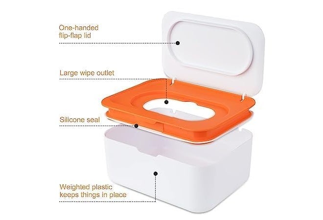 HEBEZON Tissue Box Holder Wipes Dispenser, Dustproof Tissue Storage Box Case Wet Wipes Dispenser Holder with Lid for Home Office Desk (White with Orange) - Image 3