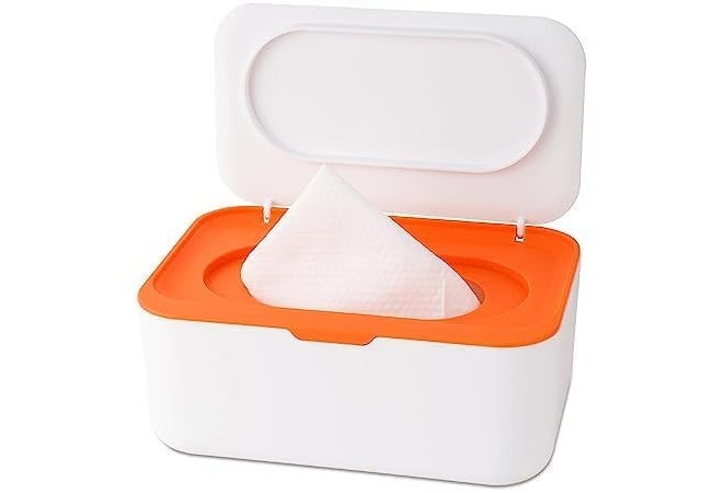 HEBEZON Tissue Box Holder Wipes Dispenser, Dustproof Tissue Storage Box Case Wet Wipes Dispenser Holder with Lid for Home Office Desk (White with Orange) - Image 2