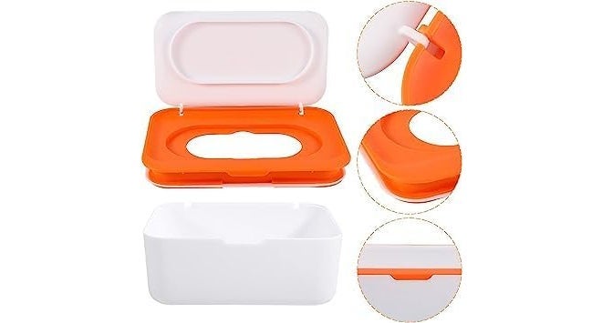 HEBEZON Tissue Box Holder Wipes Dispenser, Dustproof Tissue Storage Box Case Wet Wipes Dispenser Holder with Lid for Home Office Desk (White with Orange) - Image 5