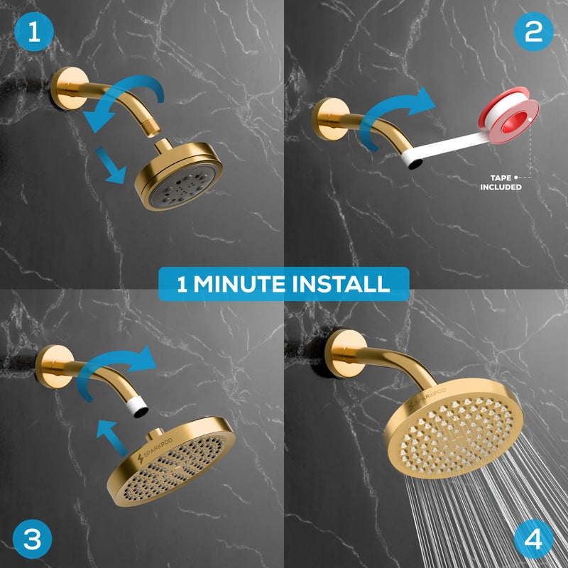 SparkPod Shower Head - High Pressure Rain - Premium Quality Luxury Design - Easy Clean Adjustable Replacement for Your Bathroom Shower Heads (Egyptian Gold, 6 Inch Round) - Image 4