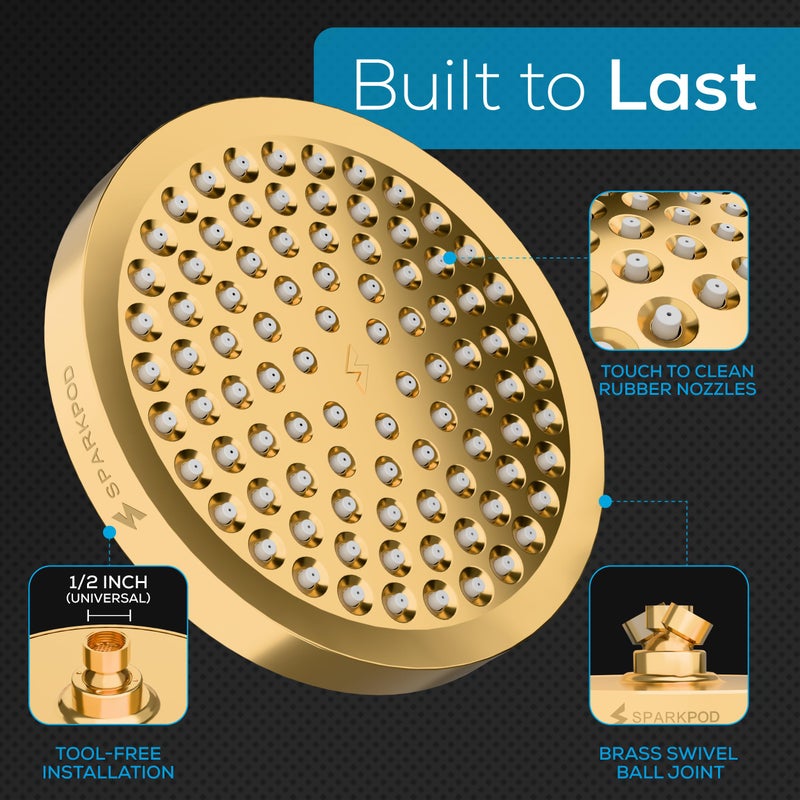 SparkPod Shower Head - High Pressure Rain - Premium Quality Luxury Design - Easy Clean Adjustable Replacement for Your Bathroom Shower Heads (Egyptian Gold, 6 Inch Round) - Image 5