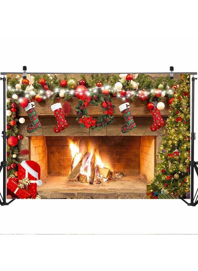 Mocsicka Christmas Fireplace Backdrop 7x5ft Merry Christmas Fireplace Family Picture Party Decorations Photobooth Backdrops Xmas Socks Trees Burning Firewoods Photography Background  - Image 4