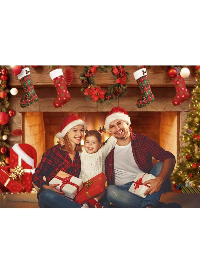 Mocsicka Christmas Fireplace Backdrop 7x5ft Merry Christmas Fireplace Family Picture Party Decorations Photobooth Backdrops Xmas Socks Trees Burning Firewoods Photography Background  - Image 3