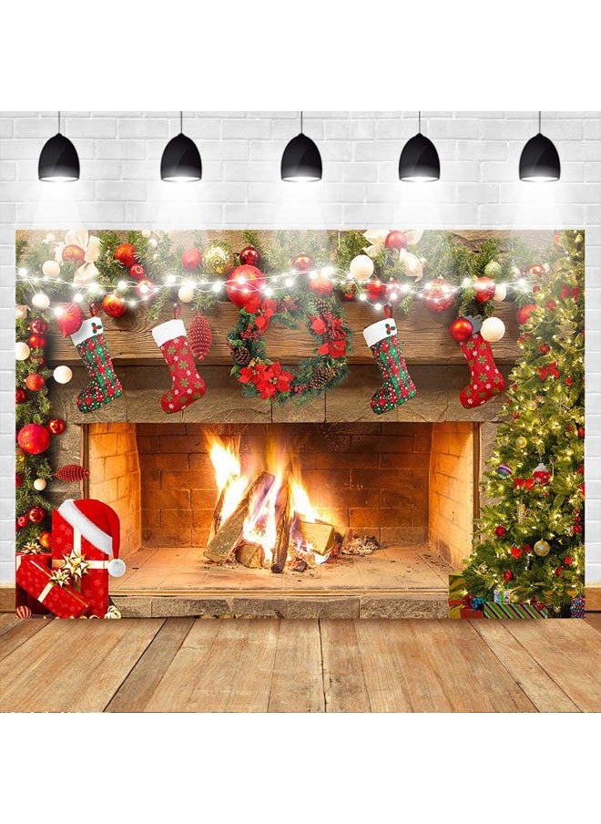 Mocsicka Christmas Fireplace Backdrop 7x5ft Merry Christmas Fireplace Family Picture Party Decorations Photobooth Backdrops Xmas Socks Trees Burning Firewoods Photography Background  - Image 2