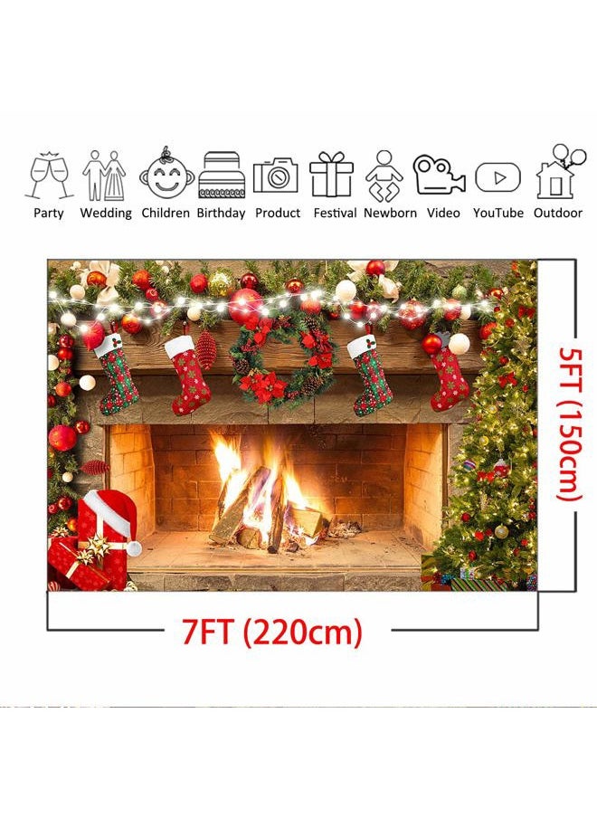 Mocsicka Christmas Fireplace Backdrop 7x5ft Merry Christmas Fireplace Family Picture Party Decorations Photobooth Backdrops Xmas Socks Trees Burning Firewoods Photography Background  - Image 5