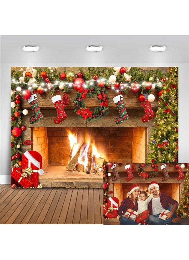 Mocsicka Christmas Fireplace Backdrop 7x5ft Merry Christmas Fireplace Family Picture Party Decorations Photobooth Backdrops Xmas Socks Trees Burning Firewoods Photography Background  - Image 1