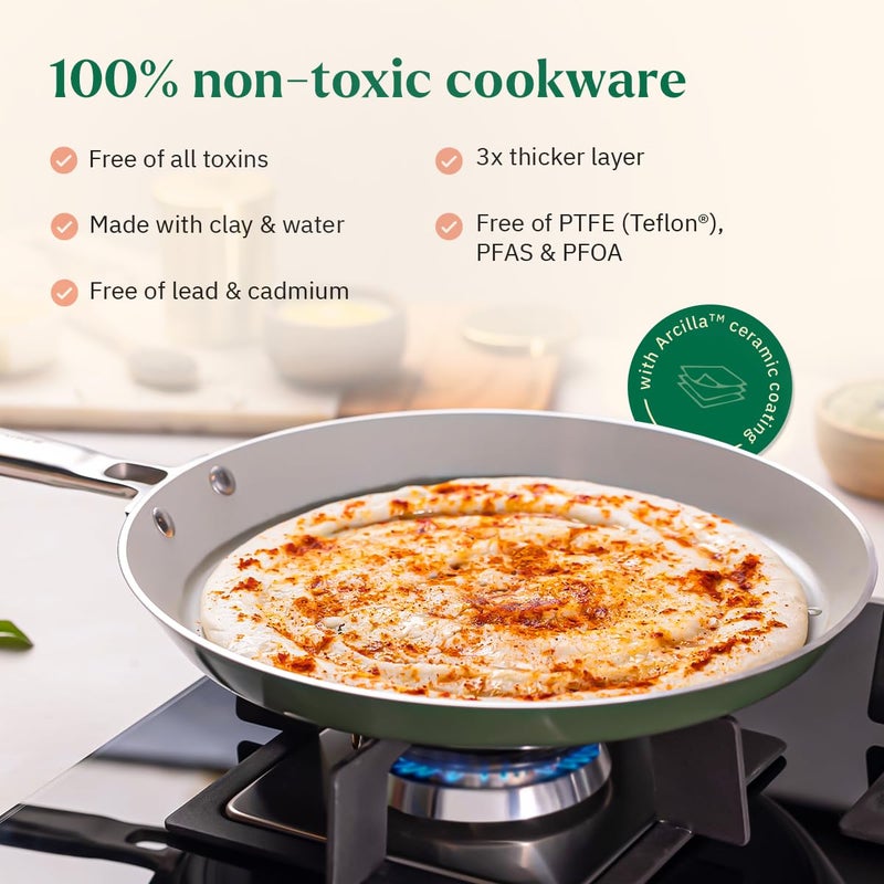 Ember Cookware طاسة سيراميك غير لاصقة 28 سم | مقلاة روتي وتشباتي غير سامة | معتمدة من ISI | طاسة طهي سيراميك | 1 ملعقة مسطحة | مقبض فولاذي | خالية من PFAS و PTFE | آمنة للاستخدام على الحث | زرقاء - Image 4