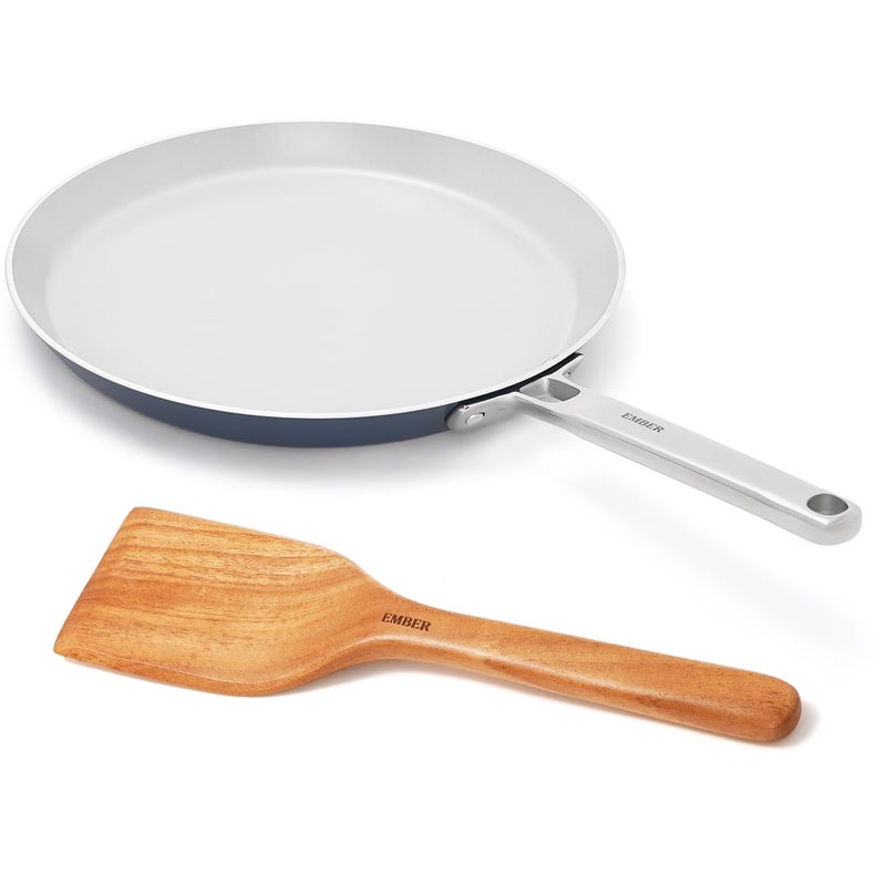 Ember Cookware طاسة سيراميك غير لاصقة 28 سم | مقلاة روتي وتشباتي غير سامة | معتمدة من ISI | طاسة طهي سيراميك | 1 ملعقة مسطحة | مقبض فولاذي | خالية من PFAS و PTFE | آمنة للاستخدام على الحث | زرقاء - Image 1