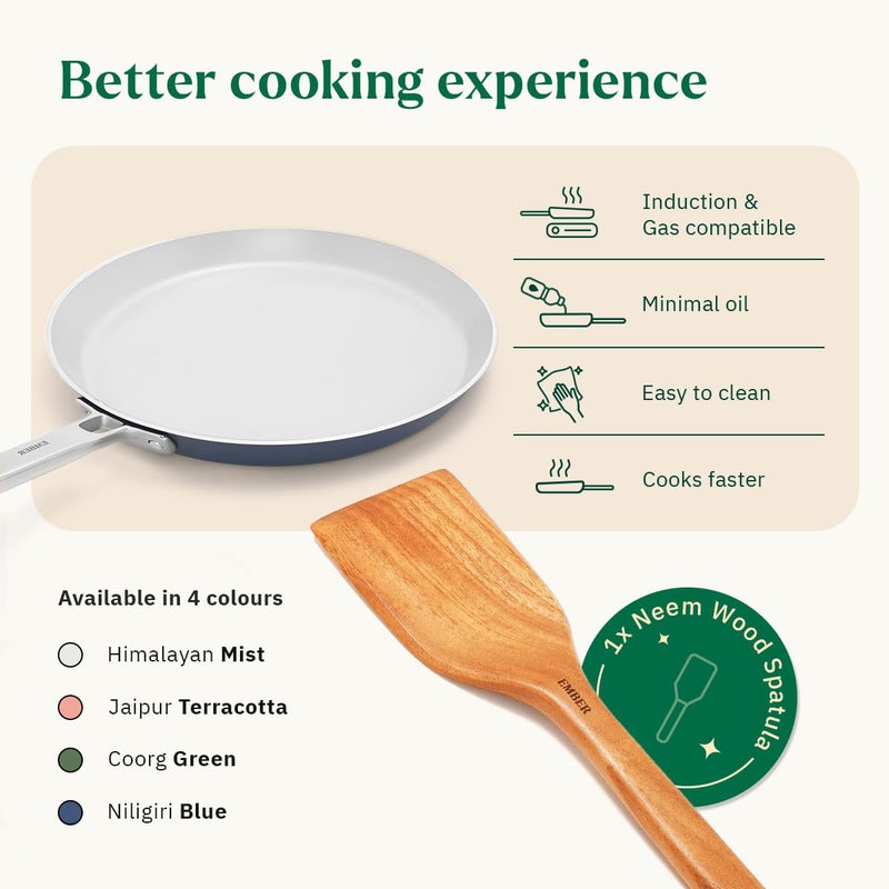 Ember Cookware طاسة سيراميك غير لاصقة 28 سم | مقلاة روتي وتشباتي غير سامة | معتمدة من ISI | طاسة طهي سيراميك | 1 ملعقة مسطحة | مقبض فولاذي | خالية من PFAS و PTFE | آمنة للاستخدام على الحث | زرقاء - Image 3