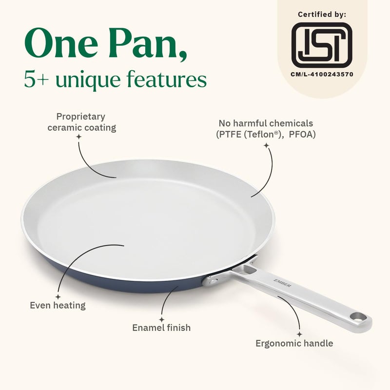 Ember Cookware طاسة سيراميك غير لاصقة 28 سم | مقلاة روتي وتشباتي غير سامة | معتمدة من ISI | طاسة طهي سيراميك | 1 ملعقة مسطحة | مقبض فولاذي | خالية من PFAS و PTFE | آمنة للاستخدام على الحث | زرقاء - Image 2