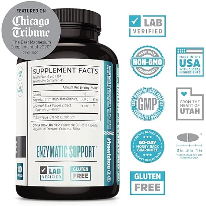 Zhou Magnesium Glycinate - Pure Mag Glycenate Supplement for Men & Women, Natural Sleep Aid, Heart Health Support, Muscle Relaxation & Vitality - 180 Vegan Friendly Capsules - Image 2