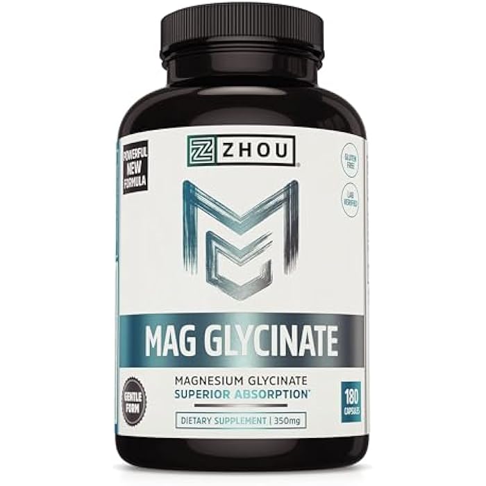 Zhou Magnesium Glycinate - Pure Mag Glycenate Supplement for Men & Women, Natural Sleep Aid, Heart Health Support, Muscle Relaxation & Vitality - 180 Vegan Friendly Capsules - Image 1