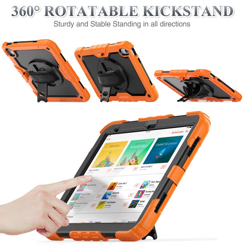SEYMAC stock Case for iPad (A16) 11th/10th Generation 11''/10.9'' 2025/2022, Full-Body Drop Protection Case with Screen Protector &360Â° Rotate Hand Strap/Stand, Black+Orange - Image 3