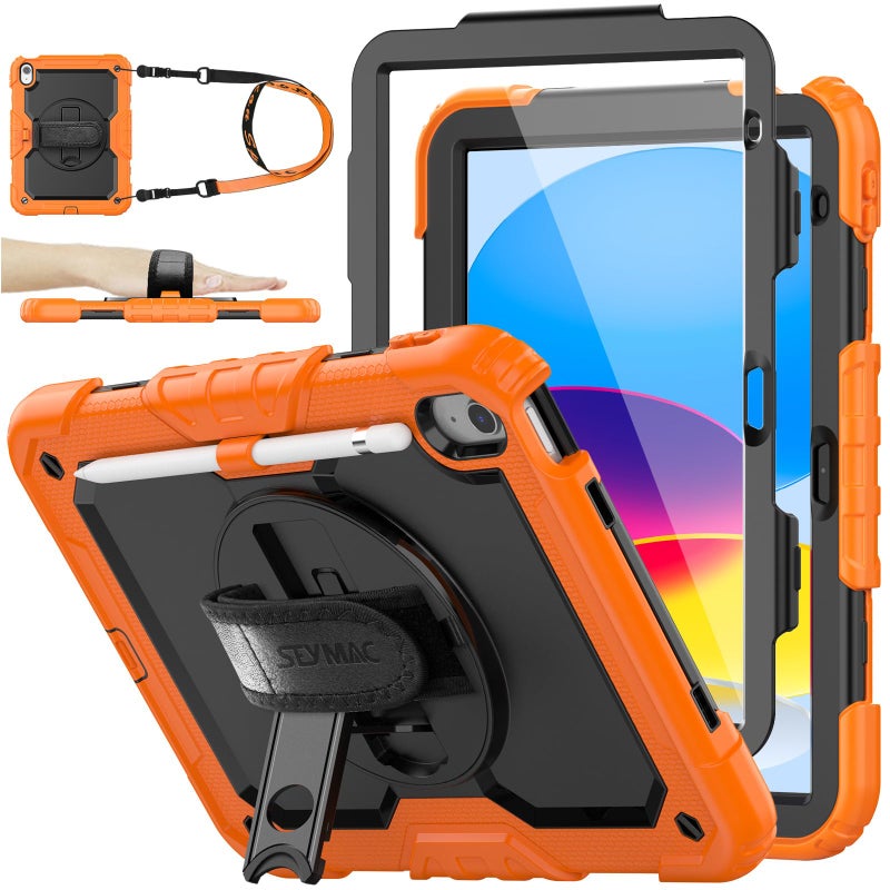 SEYMAC stock Case for iPad (A16) 11th/10th Generation 11''/10.9'' 2025/2022, Full-Body Drop Protection Case with Screen Protector &360Â° Rotate Hand Strap/Stand, Black+Orange - Image 1