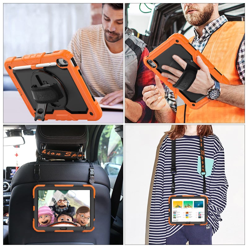 SEYMAC stock Case for iPad (A16) 11th/10th Generation 11''/10.9'' 2025/2022, Full-Body Drop Protection Case with Screen Protector &360Â° Rotate Hand Strap/Stand, Black+Orange - Image 4