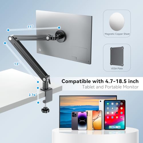 Jakeko Magnetic Portable Monitor Holder Arm - Heavy Duty Solid Aluminum 75mm VESA Mount Desk Clamp 8.3" 12.9" 15.6" 16" 17.3" 18.5 inch 360° Swivel Base with Cable Clips - Image 2