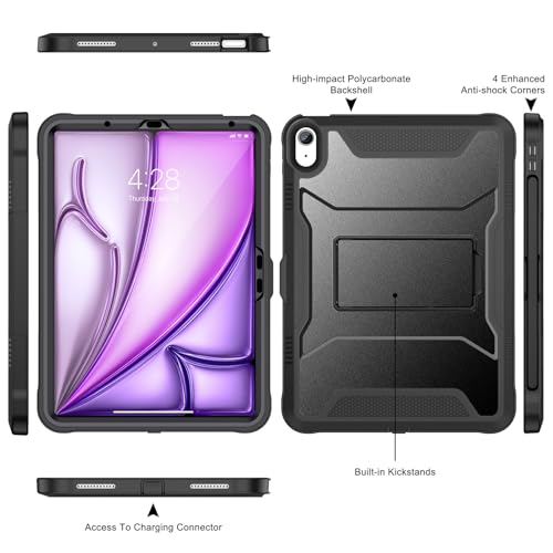 Soke Case for iPad Air 11-inch M3/M2 (2025/2024), iPad Air 5th/4th Generation 10.9-inch (2022/2020), with Built-in Screen Protector and Kickstand, Rugged Full Body Protective Cover - Black - Image 3