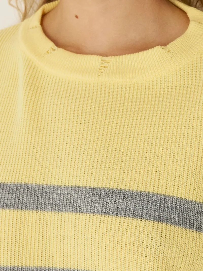 Hiccup Lemon Yellow Striped Crew Neck Sweater for Women | Best Price UAE