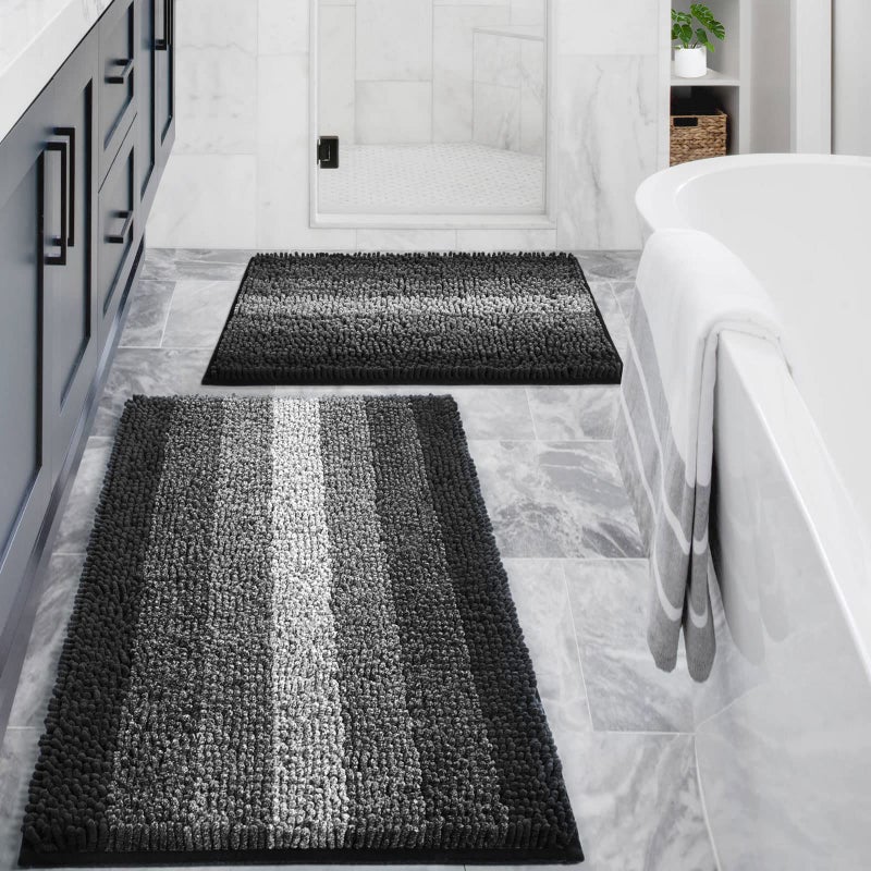 Gibelle Black Bathroom Rug Set 2 Piece Chenille Non Slip Bath Mat Set Absorbent Shower Rug and Bath Room Floor Mats Quick Dry Bathmat Bathroom Decor Accessories for Tub 16 x 24 20 x 32 - Image 2