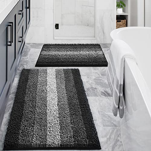 Gibelle Black Bathroom Rug Set 2 Piece Chenille Non Slip Bath Mat Set Absorbent Shower Rug and Bath Room Floor Mats Quick Dry Bathmat Bathroom Decor Accessories for Tub 16 x 24 20 x 32 - Image 1