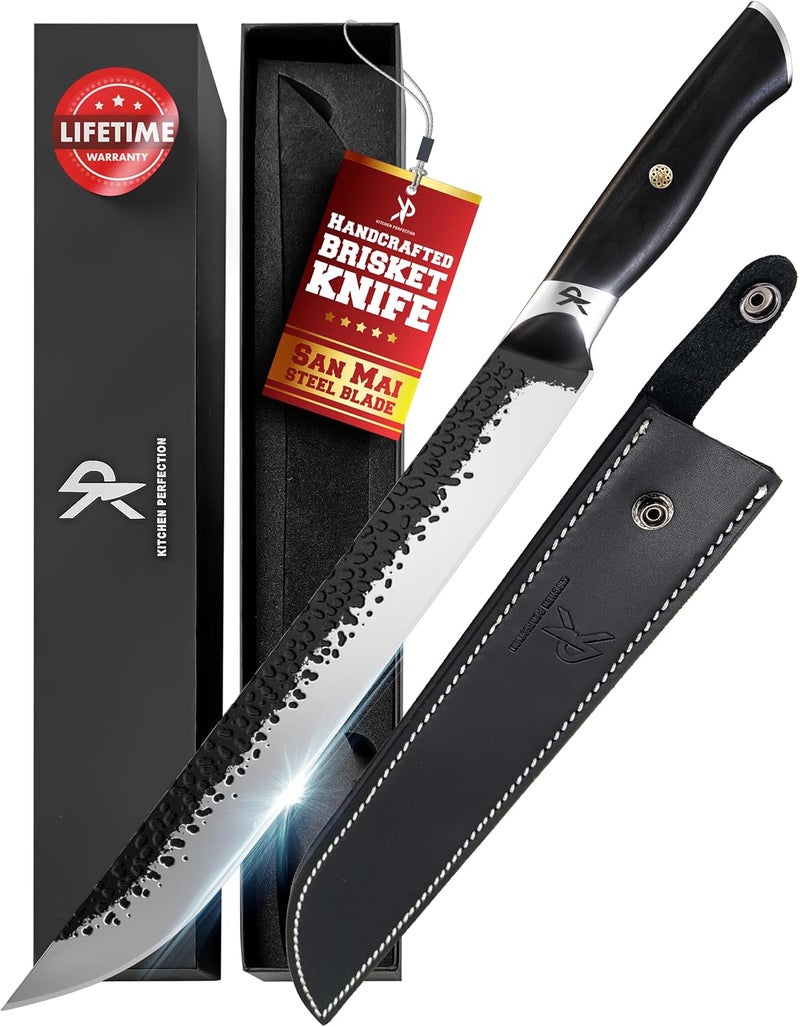 Kitchen perfection 12" Handmade Brisket Knife, Meat Cutting Carving & Slicing BBQ Knife For Men – Insanely Sharp San Mai Steel, W/Leather Sheath Premium Ergonomic Handle, Best Grilling Gifts for Men - Image 1