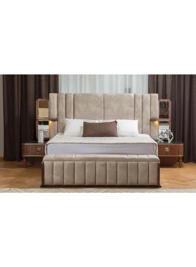 Modern Channel-Tufted Bed Frame with 2 Nightstands, Beige Upholstered Headboard