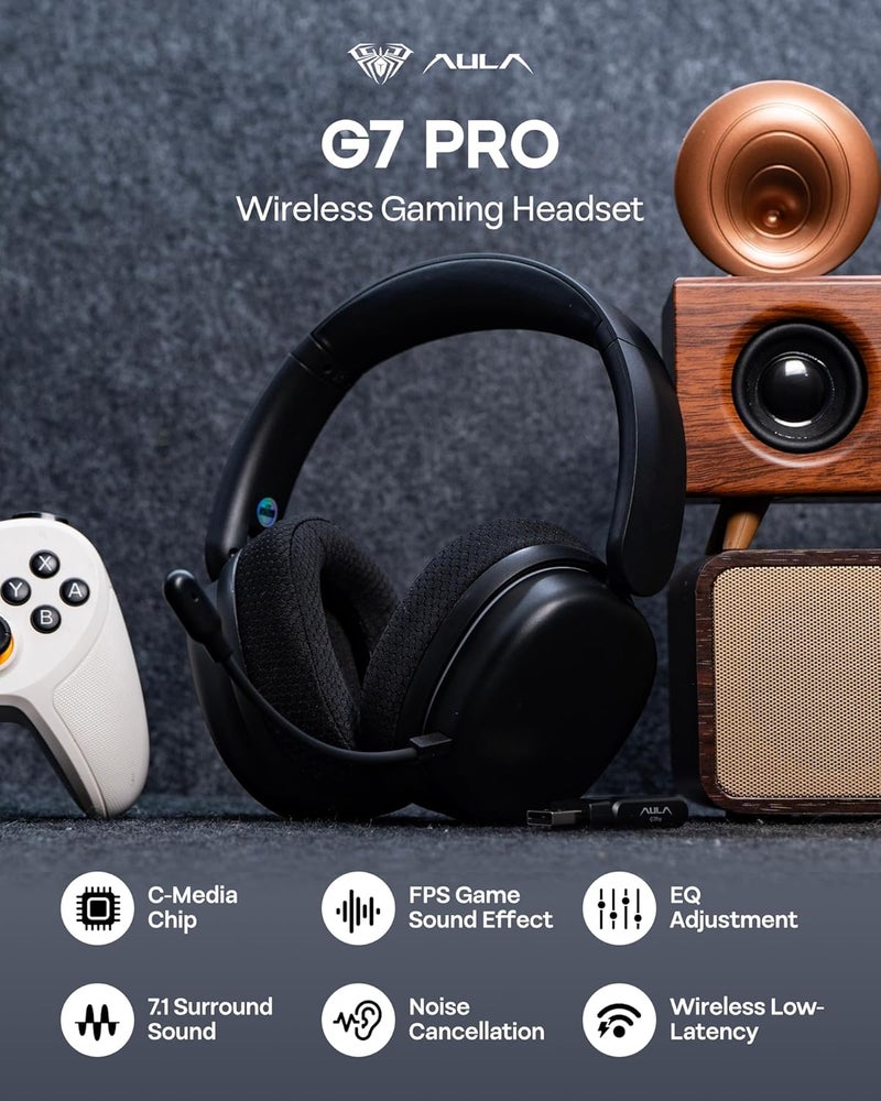 EPOMAKER X AULA G7 Pro Wireless Gaming Headset, Dual Mode BT5.3 & 2.4GHz, 7.1 Surround Sound, 80+ Hour Battery, RGB Light, with Noise Canceling Mic for PS5, PS4, Switch, PC (Black) - Image 2