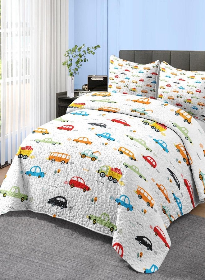 Pamnest Quilt Set Full/Queen Size, Car Bus Vehicle 3 Pcs Soft Bed Cover Bedding Set for Kids and Adults, Colorful Cartoon Truck Lightweight Bedspread Coverlet with Pillow Sham for All Season - Image 2