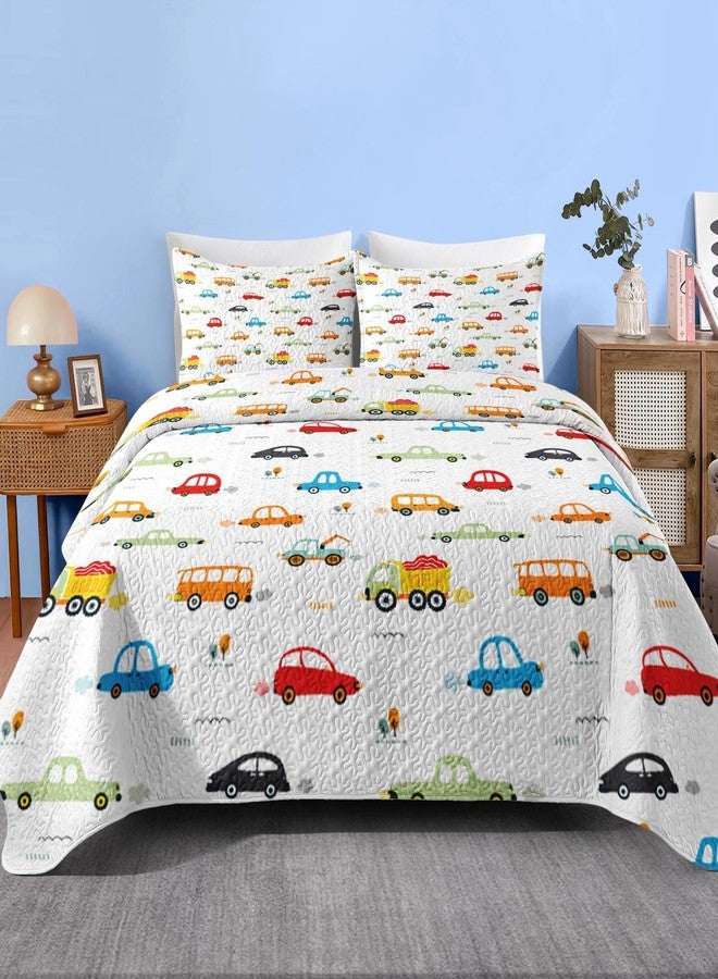 Pamnest Quilt Set Full/Queen Size, Car Bus Vehicle 3 Pcs Soft Bed Cover Bedding Set for Kids and Adults, Colorful Cartoon Truck Lightweight Bedspread Coverlet with Pillow Sham for All Season - Image 1