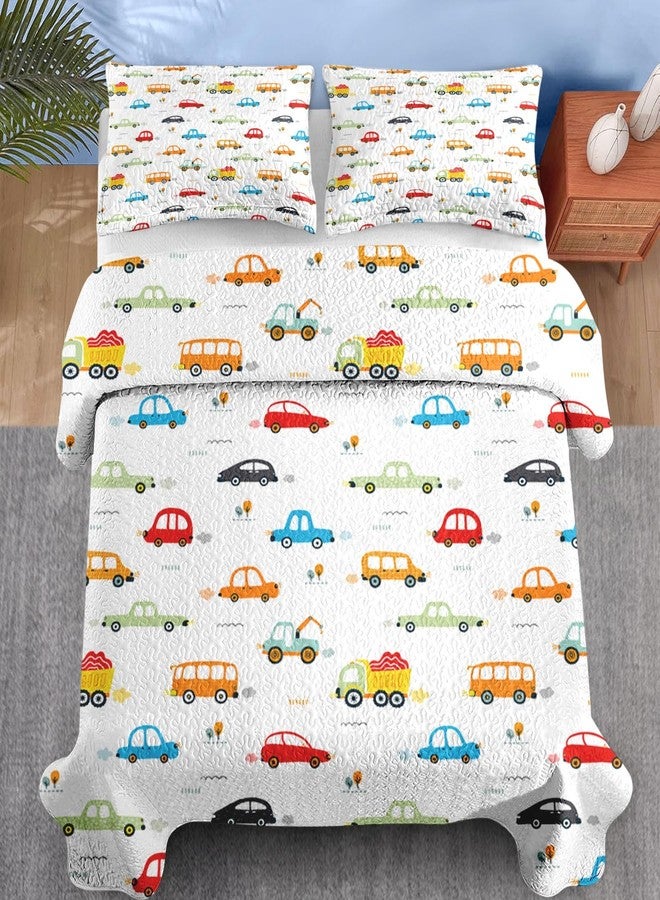 Pamnest Quilt Set Full/Queen Size, Car Bus Vehicle 3 Pcs Soft Bed Cover Bedding Set for Kids and Adults, Colorful Cartoon Truck Lightweight Bedspread Coverlet with Pillow Sham for All Season - Image 3