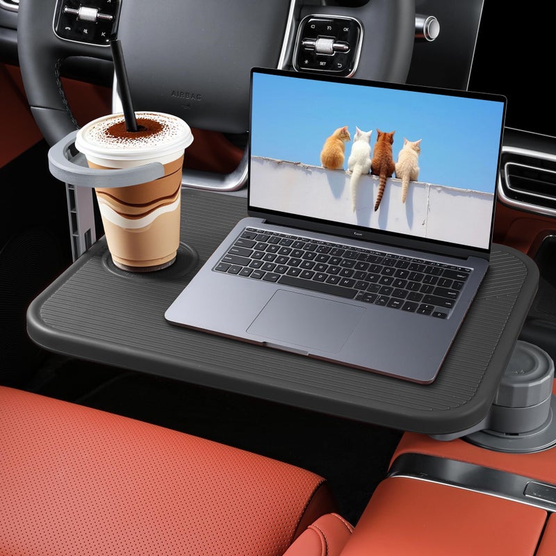 Arcoche Car Table Tray & Laptop Desk for Car, 360Â° Rotating Wood Cup Holder Table, Aluminum Cantilever Laptop Mount for Vehicle, Steering Wheel Tray (Black) - Image 1