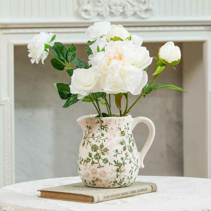 VINTAGE WHITE AND GREEN FLORAL CERAMIC VASE WITH HANDLE RETRO ICE GLAZED CRACK FARMHOUSE PITCHER VASE FOR HOME DECOR LIVING ROOM SHELF OFFICE RUSTIC TABLE CENTERPIECE 6 INCH