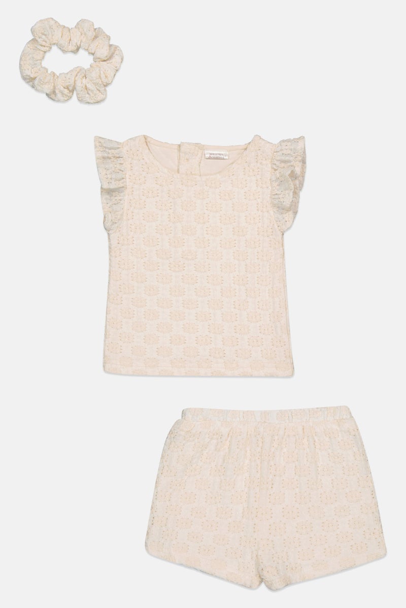 Willow & Whistle Kids Girl 3 Pcs Textured Top And Bottom With Scrunchie Set , Beige - Image 2