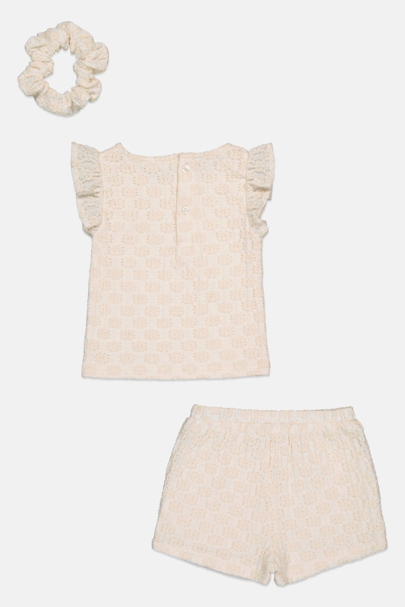 Willow & Whistle Kids Girl 3 Pcs Textured Top And Bottom With Scrunchie Set , Beige - Image 3