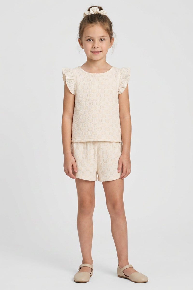 Willow & Whistle Kids Girl 3 Pcs Textured Top And Bottom With Scrunchie Set , Beige - Image 1